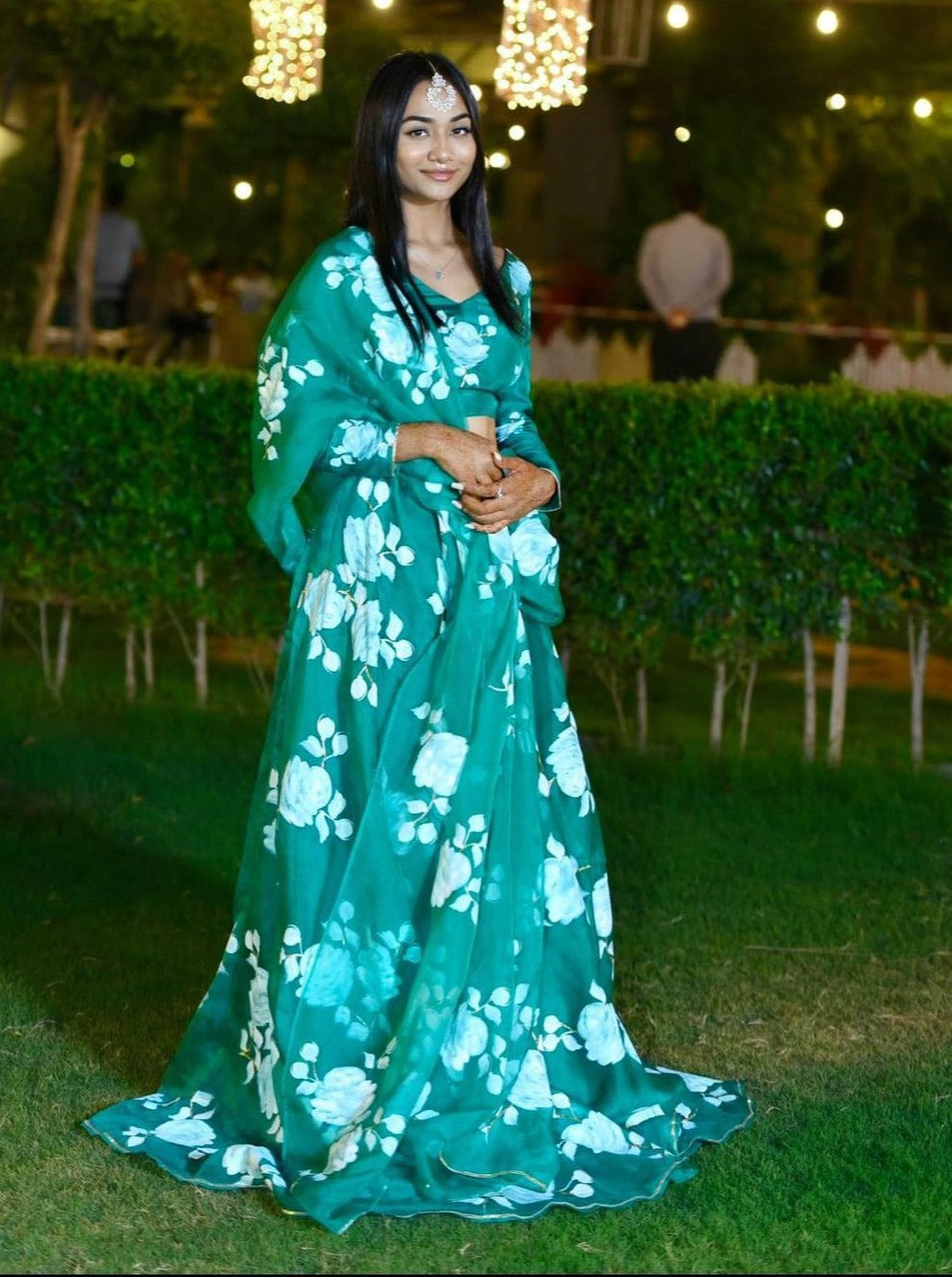 Light Blue Tie Dye Chinon Pleated Lehenga and Crop Top Set with Drape on  The Shoulder