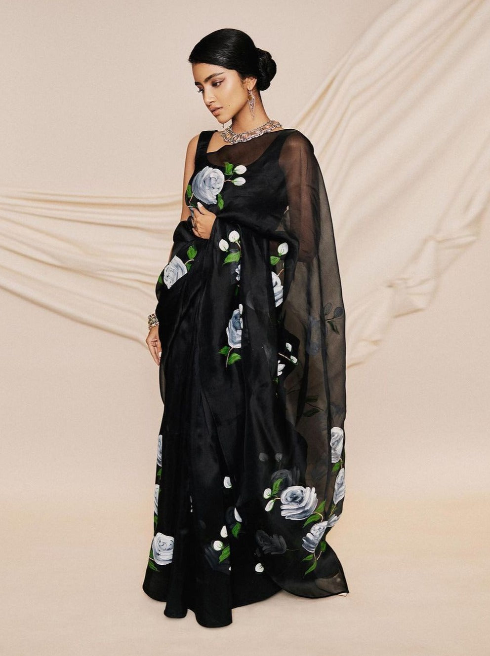 Buy Ecru & Black Rajshree Floral Saree With Stitched Blouse Online -  RI.Ritu Kumar International Store View
