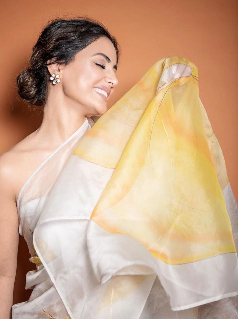 Saffron Hibiscus on Dull Rose Organza Saree – Picchika