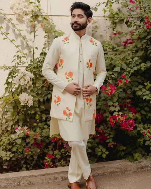 Marigolds on ivory - front open Nehru jacket