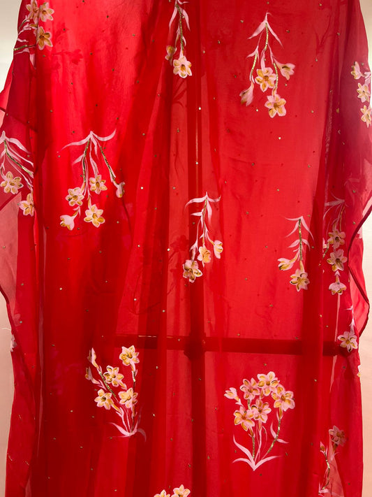 Tuber Roses on Red Flat Chiffon Saree With Sequins