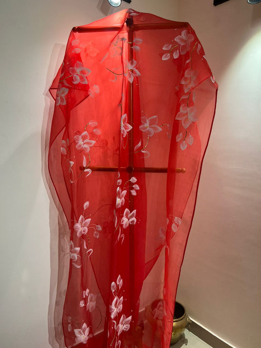 Lilies on Red Organza Saree