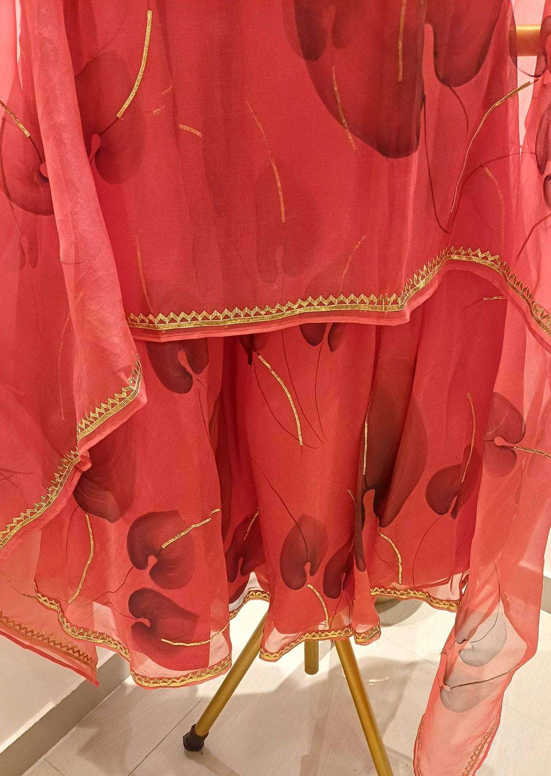 Flamingo's on Red Organza Lehenga