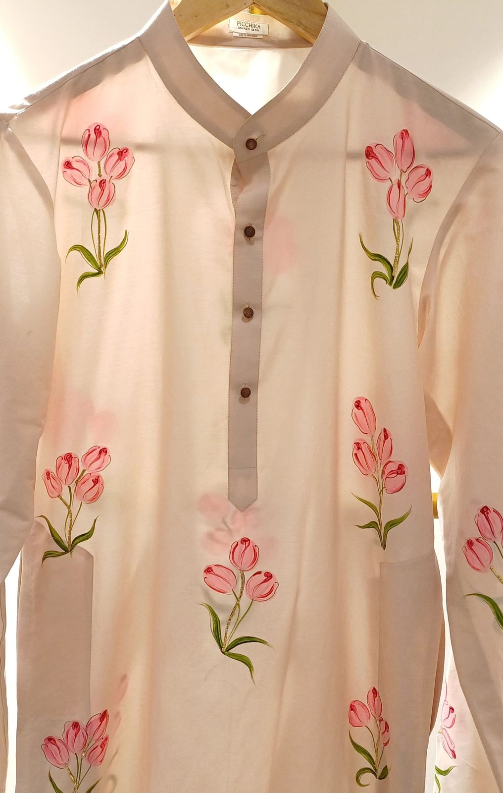 Tulips on Dull Ivory Mens Kurta