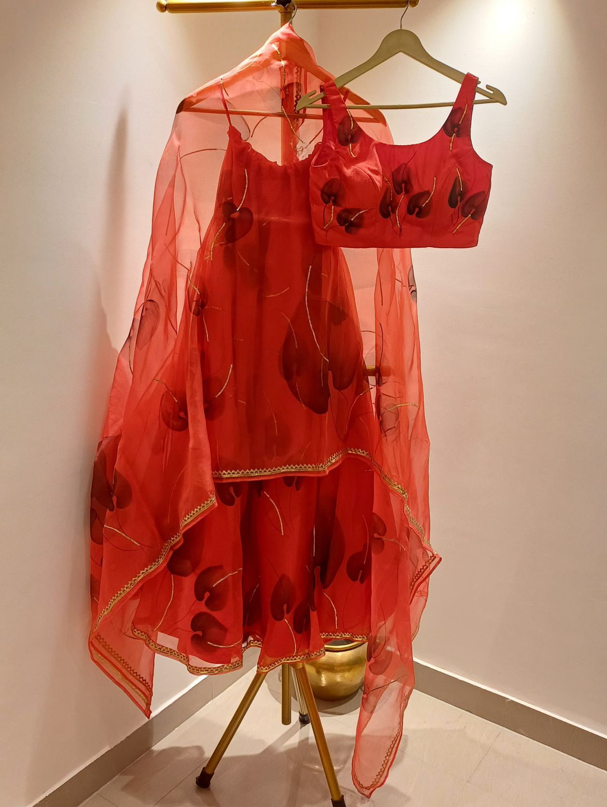 Flamingo's on Red Organza Lehenga