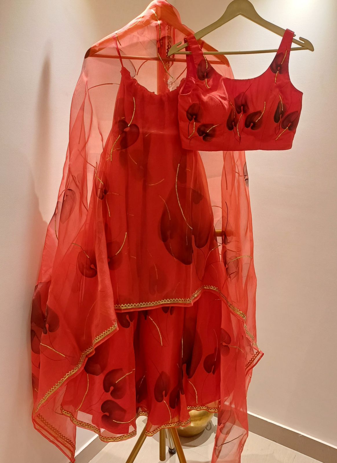 Flamingo's on Red Organza Lehenga