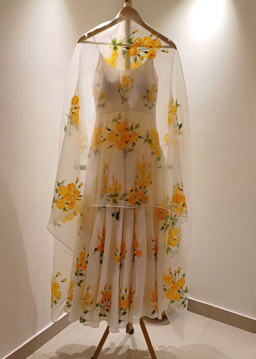 Marigolds on Ivory Flaired Silk Kurta & Organza Dupatta