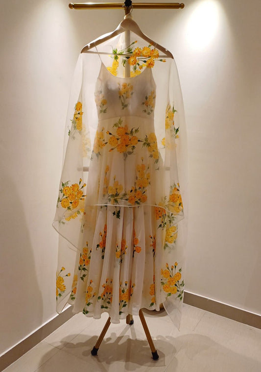 Marigolds on Ivory Flaired Silk Kurta & Organza Dupatta