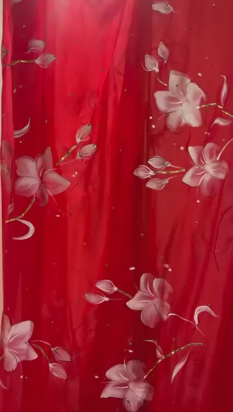 Lilies on Red Flat Silk Chiffon Saree