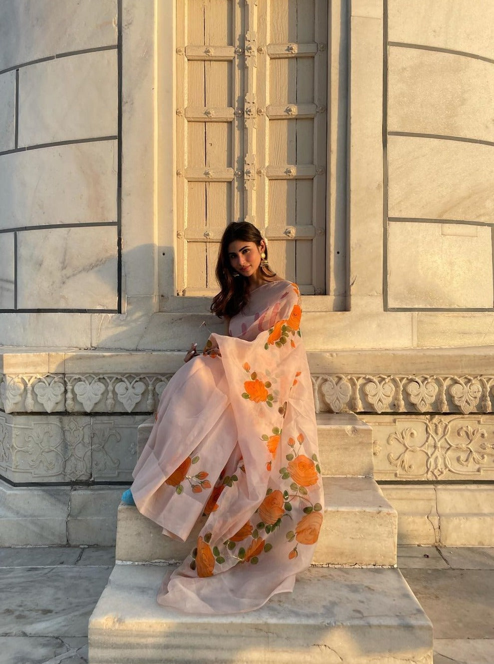 Anthuriums on Emerald Green Organza Saree – Picchika