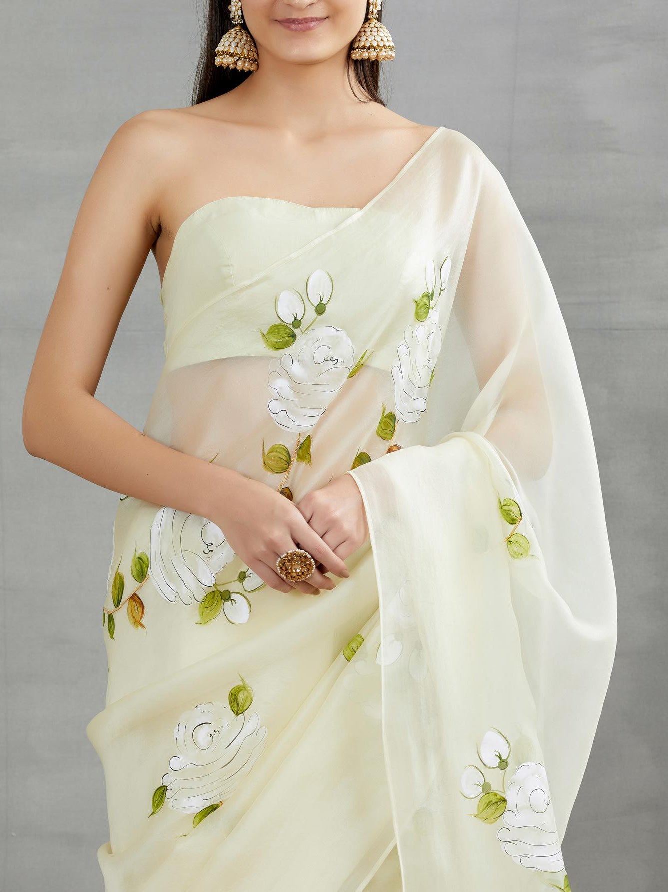 Apricot tulips on White Organza Saree – Picchika