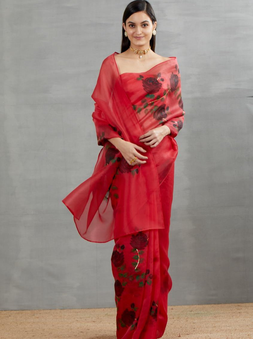 Lilies on Rosepink Organza Saree – Picchika