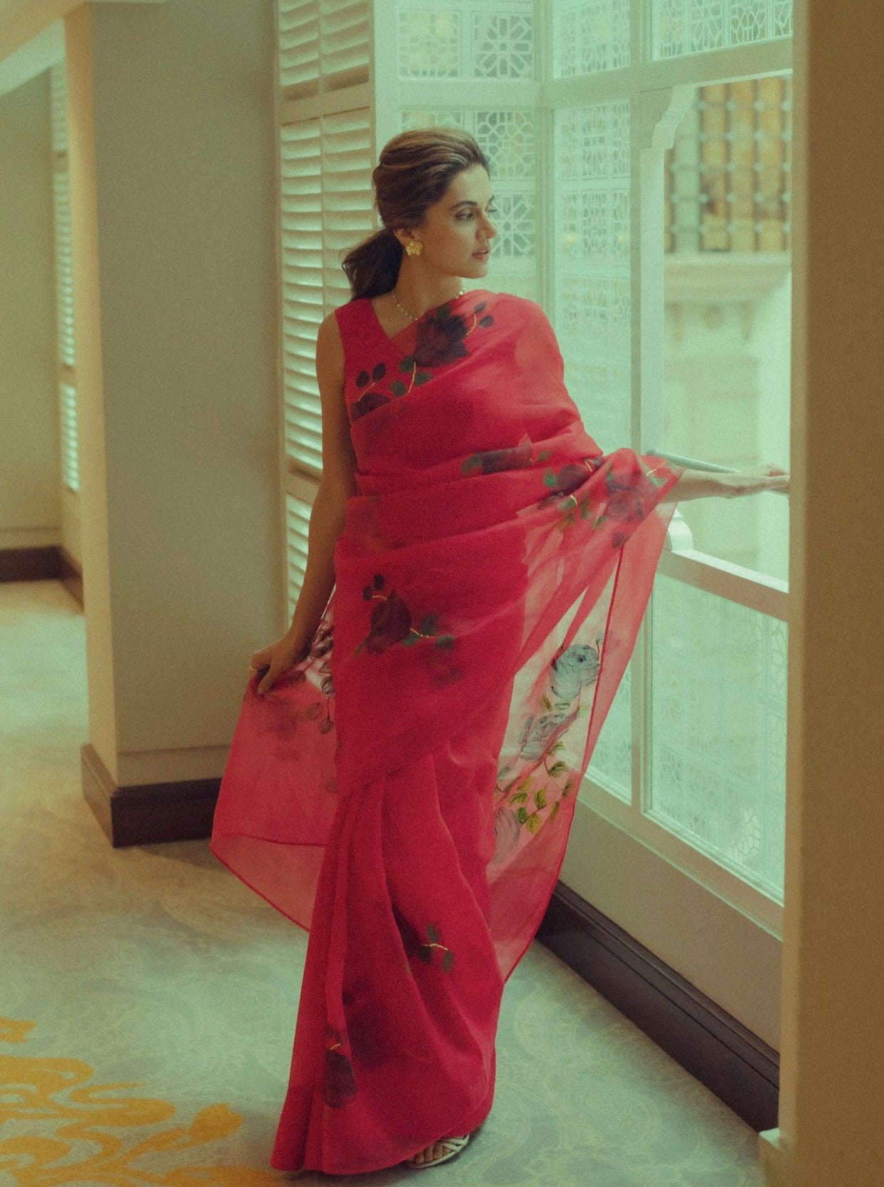 Red with Yellow Organza saree with Kantha Work|Desically Ethnic