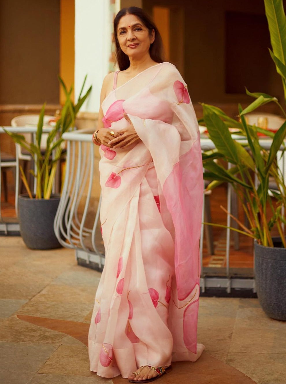 White Anthuriums On Lilac Organza Saree – Picchika