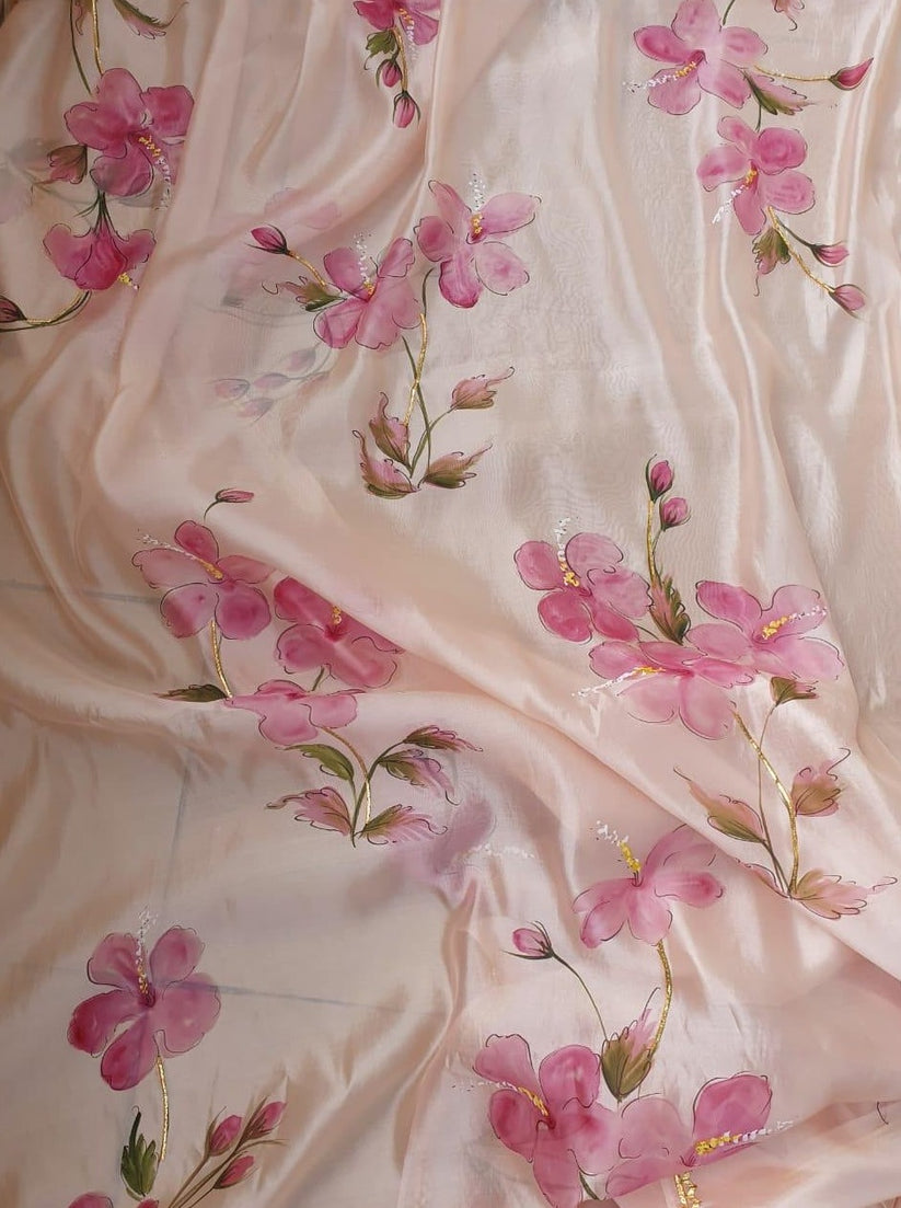 Hibiscus on Dull Rose Silk Saree with border – Picchika