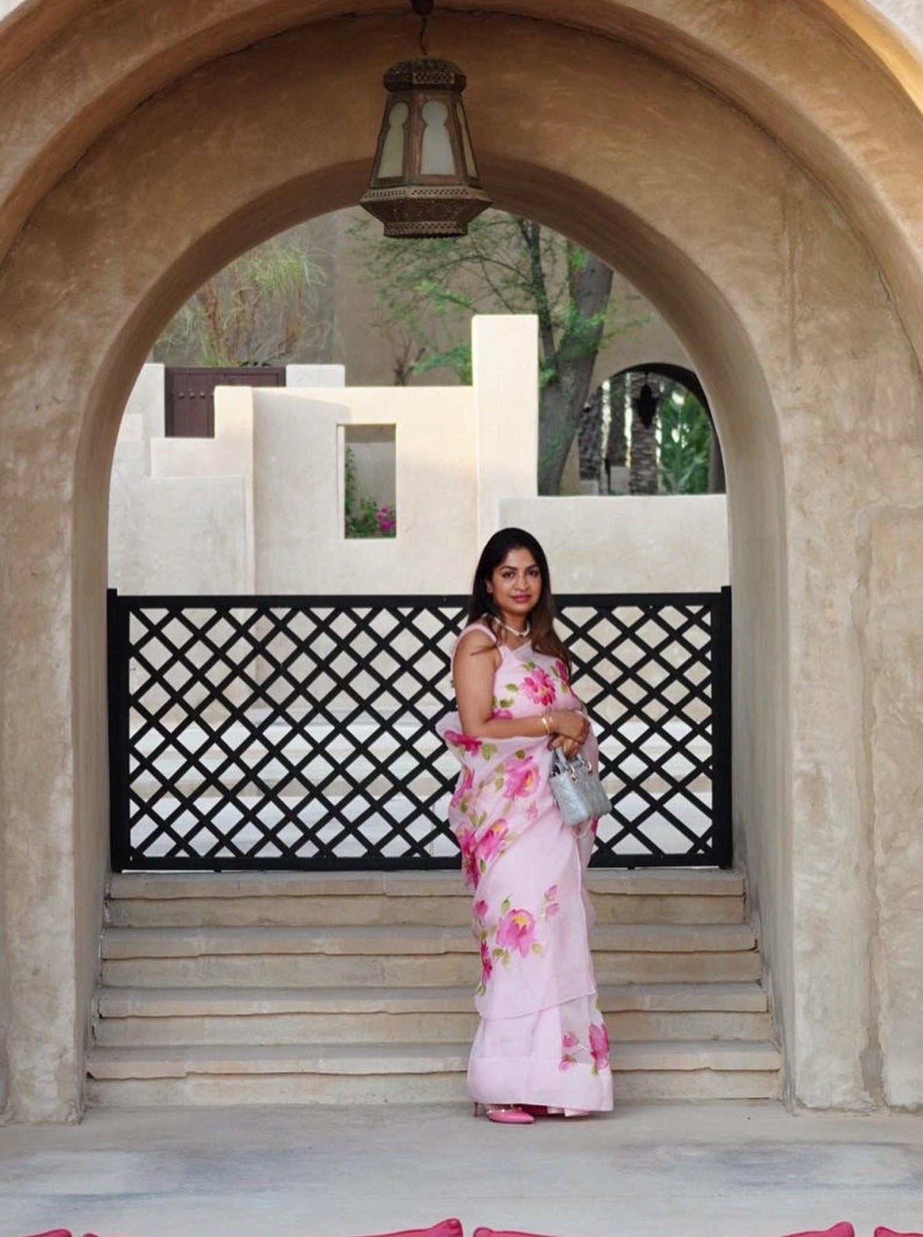 Chocolate brown anthuriums On Dull Rose Organza Saree – Picchika