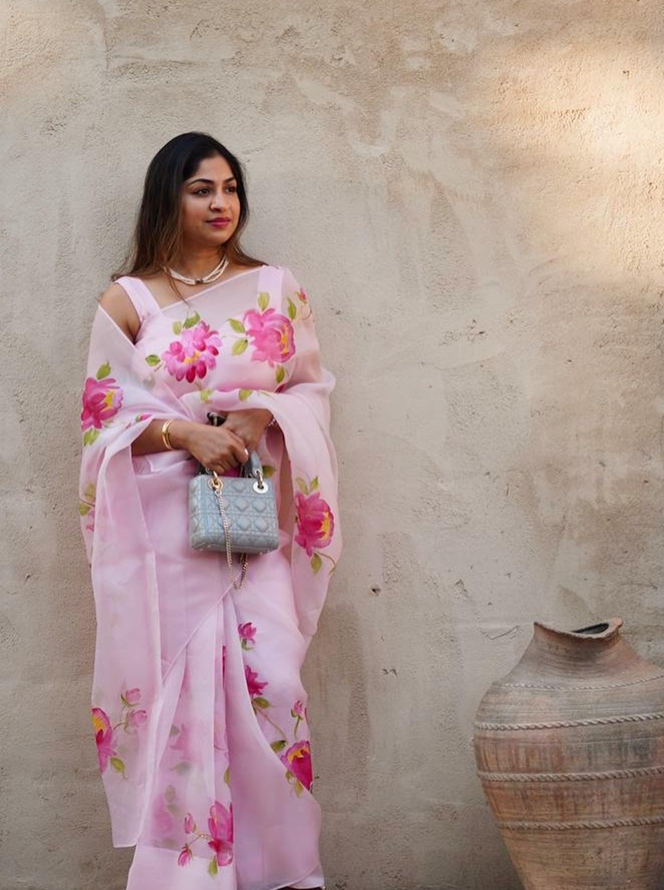 Pink Peonies on Baby Pink Organza Saree – Picchika